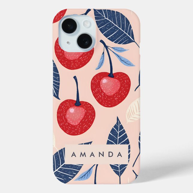 Monogram Personalized Cherry and Leaf Pattern Case-Mate iPhone Case (Back)