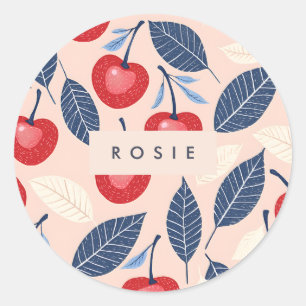 Monogram Personalized Cherry and Leaf Pattern Classic Round Sticker