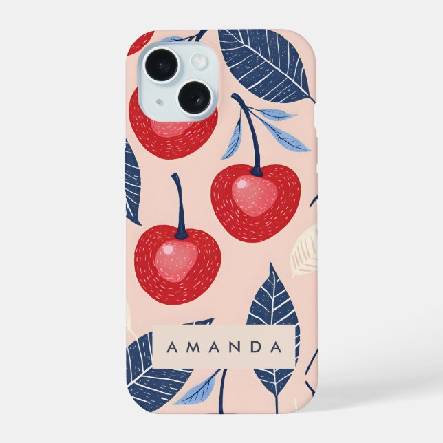Monogram Personalized Cherry and Leaf Pattern iPhone 15 Case (Back)
