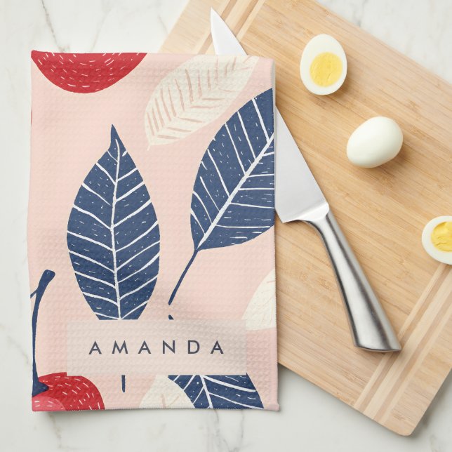 Monogram Personalized Cherry and Leaf Pattern Kitchen Towel (Quarter Fold)