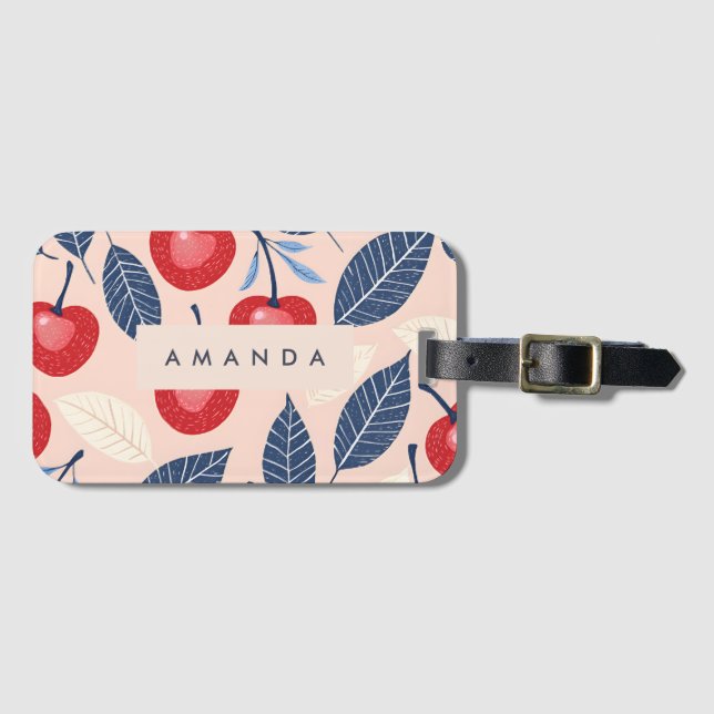 Monogram Personalized Cherry and Leaf Pattern Luggage Tag (Front Horizontal)