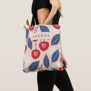 Monogram Personalized Cherry and Leaf Pattern Tote Bag