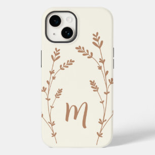 Monogram personalized chic leaves design brown Case-Mate iPhone 14 case