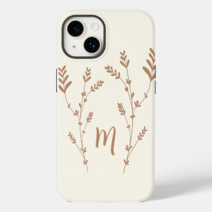 Monogram personalized chic leaves design brown iPhone 14 case