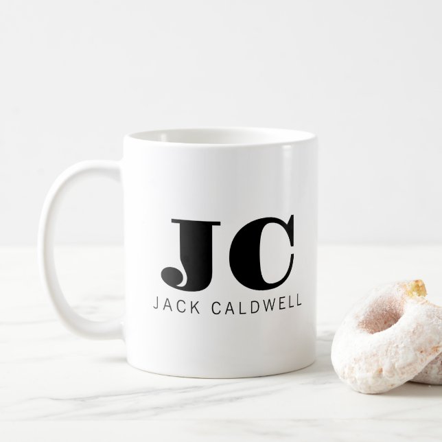 Monogram personalized classic bold black white coffee mug (With Donut)