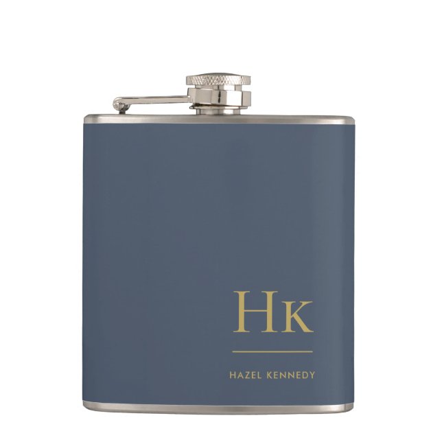 Monogram Personalized Classic Navy Blue Gold Hip Flask (Front)