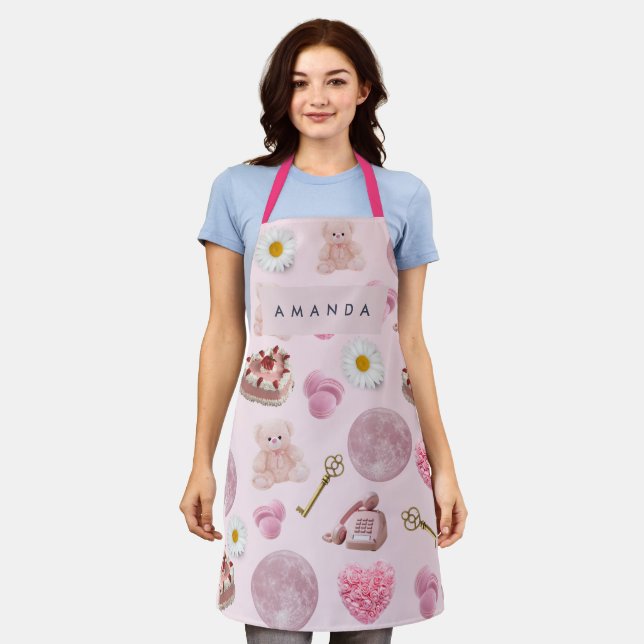 Monogram Personalized Coquette Pink Moon Feminine Apron (Worn)