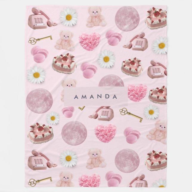 Monogram Personalized Coquette Pink Moon Feminine Fleece Blanket (Front)