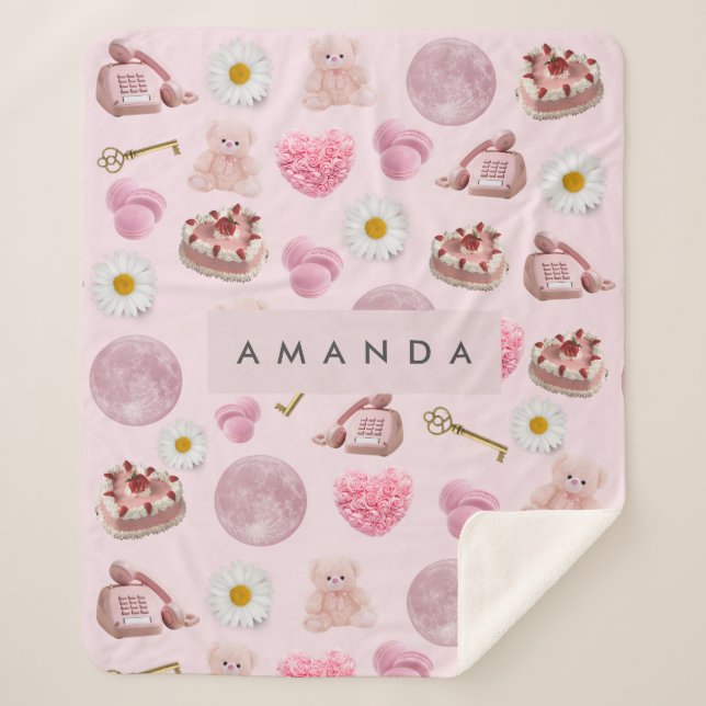 Monogram Personalized Coquette Pink Moon Feminine Sherpa Blanket (Front)