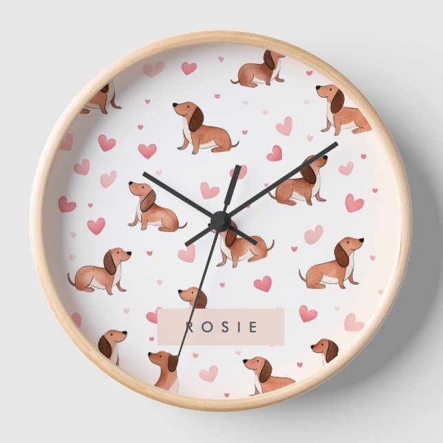 Monogram Personalized Cute Dachshund Dog Clock (Front)