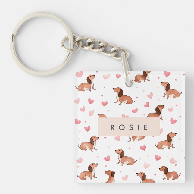 Monogram Personalized Cute Dachshund Dog Keychain (Front)