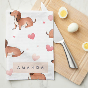 Monogram Personalized Cute Dachshund Dog Kitchen Towel