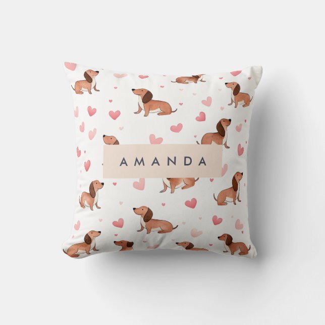 Monogram Personalized Cute Dachshund Dog Throw Pillow (Front)