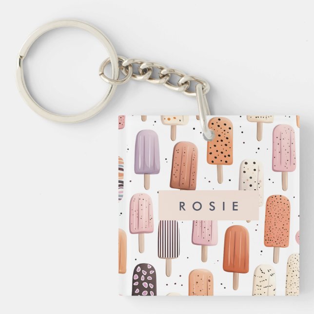 Monogram Personalized Cute Popsicle Pattern  Keychain (Front)