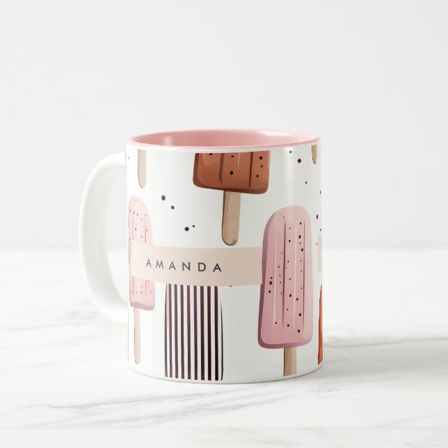 Monogram Personalized Cute Popsicle Pattern Two-Tone Coffee Mug (Front Left)