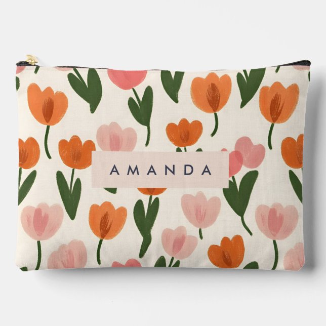 Monogram Personalized Cute Spring Tulip Pattern Accessory Pouch (Front)