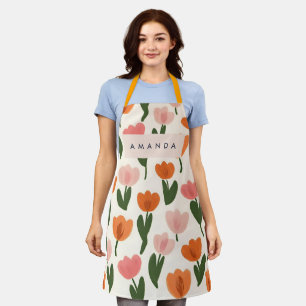 Monogram Personalized Cute Spring Tulip Pattern Apron