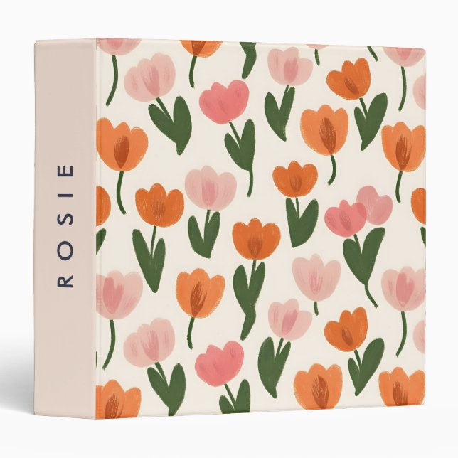 Monogram Personalized Cute Spring Tulip Pattern Binder (Front/Spine)
