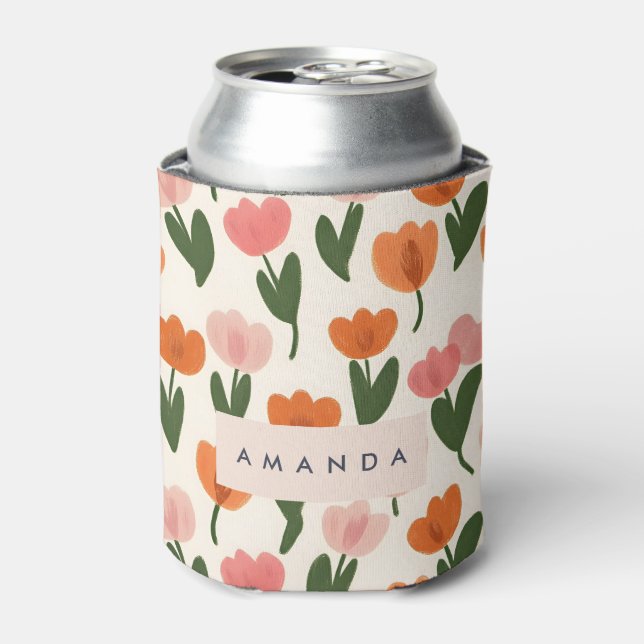 Monogram Personalized Cute Spring Tulip Pattern Can Cooler (Can Front)