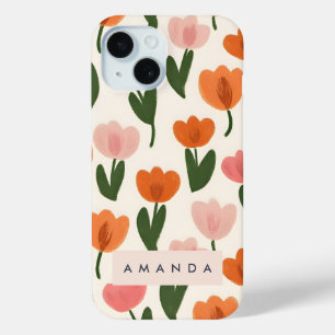 Monogram Personalized Cute Spring Tulip Pattern iPhone 15 Case