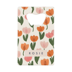 Monogram Personalized Cute Spring Tulip Pattern Credit Card Bottle Opener