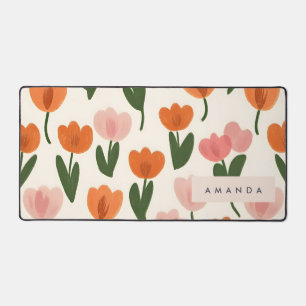 Monogram Personalized Cute Spring Tulip Pattern Desk Mat