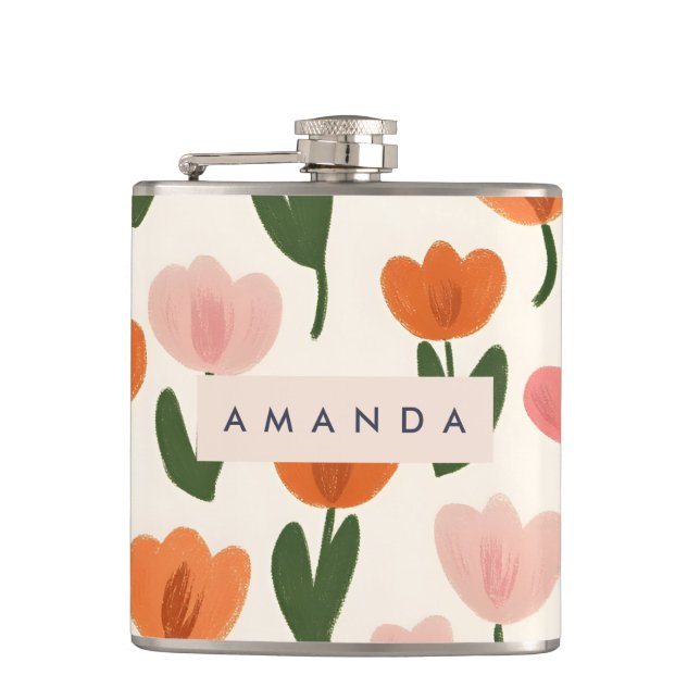 Monogram Personalized Cute Spring Tulip Pattern Hip Flask (Front)