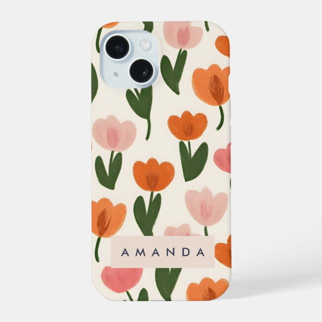 Monogram Personalized Cute Spring Tulip Pattern iPhone 15 Case (Back)