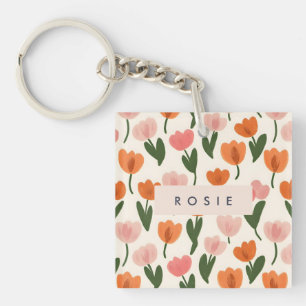 Monogram Personalized Cute Spring Tulip Pattern Keychain
