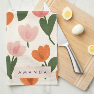 Monogram Personalized Cute Spring Tulip Pattern Kitchen Towel