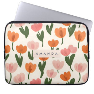 Monogram Personalized Cute Spring Tulip Pattern Laptop Sleeve