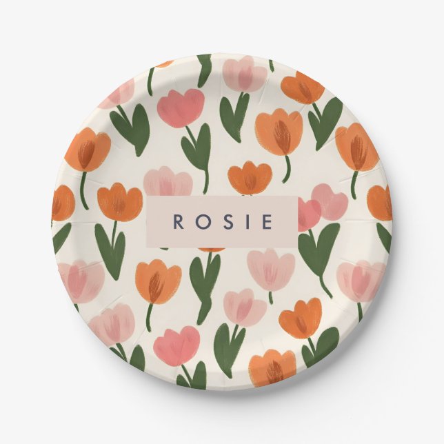 Monogram Personalized Cute Spring Tulip Pattern Paper Plate (Front)