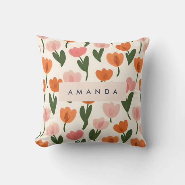 Monogram Personalized Cute Spring Tulip Pattern Throw Pillow (Front)