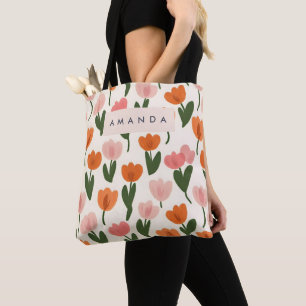 Monogram Personalized Cute Spring Tulip Pattern Tote Bag