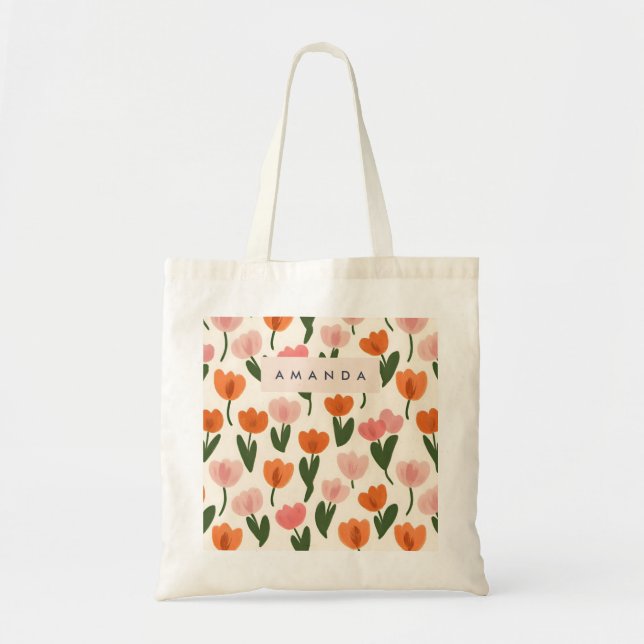 Monogram Personalized Cute Spring Tulip Pattern Tote Bag (Front)