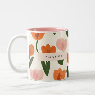 Monogram Personalized Cute Spring Tulip Pattern Two-Tone Coffee Mug