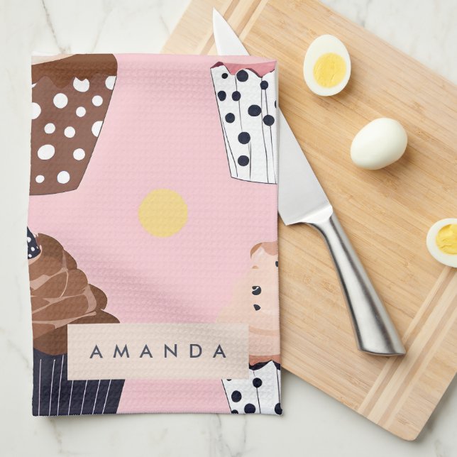 Monogram Personalized Cute Sweet Cupcake  Kitchen Towel (Quarter Fold)