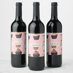 Monogram Personalized Cute Sweet Cupcake  Wine Label