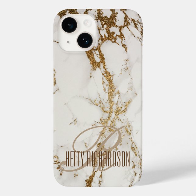 Monogram Personalized Elegant Glitter White Marble Case-Mate iPhone Case (Back)