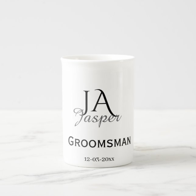 Monogram personalized groomsman best man name date bone china mug (Front)