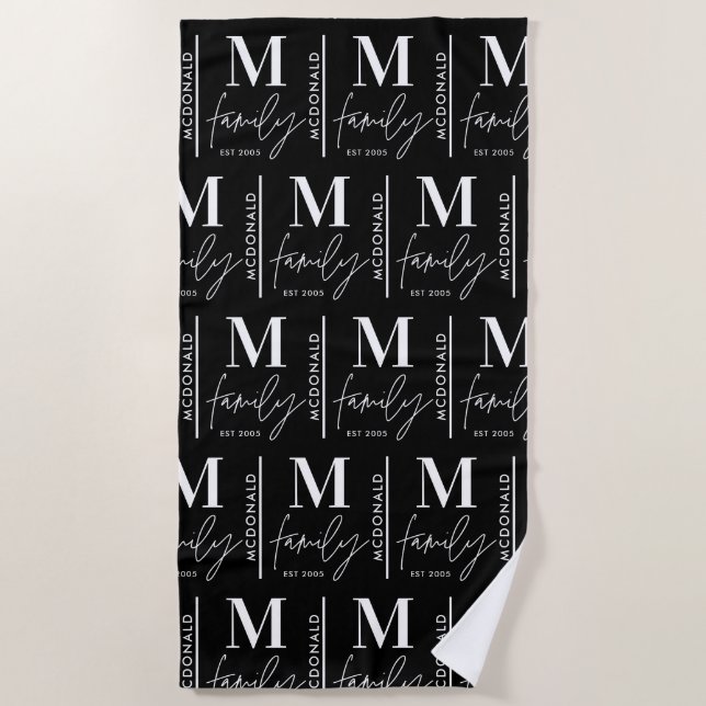 Monogram personalized modern minimal black family beach towel (Front)