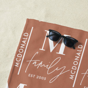 Monogram personalized modern minimal rust family beach towel