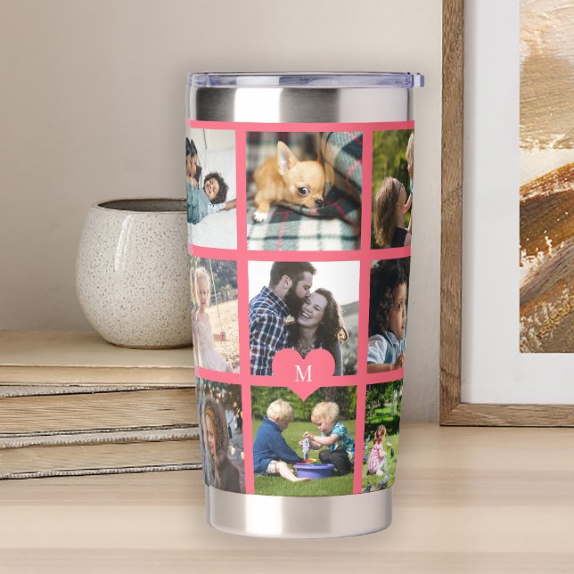 Monogram personalized modern multi photo collage insulated tumbler (Creator Uploaded)