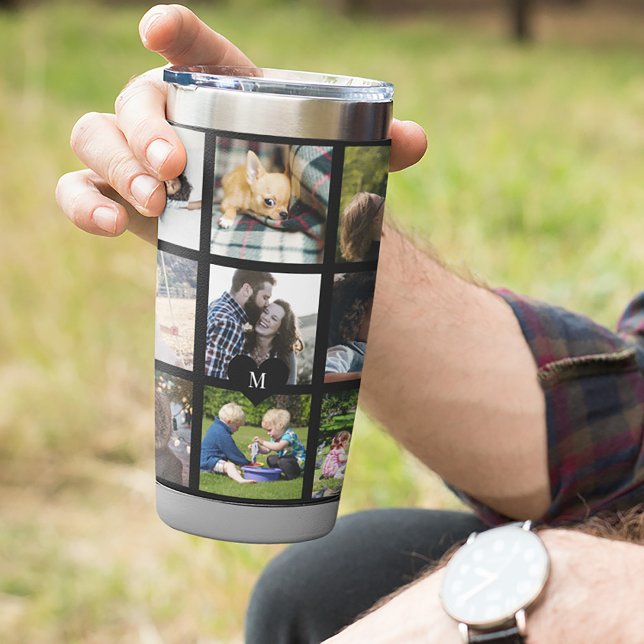 Monogram personalized modern multi photo collage insulated tumbler (Creator Uploaded)