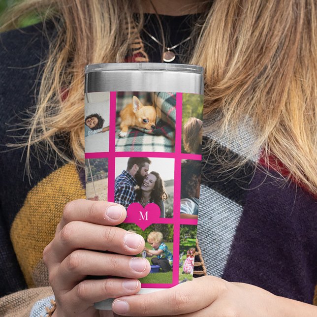 Monogram personalized modern multi photo collage insulated tumbler (Creator Uploaded)