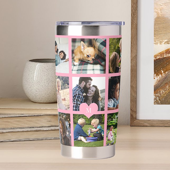Monogram personalized modern multi photo collage insulated tumbler (Creator Uploaded)