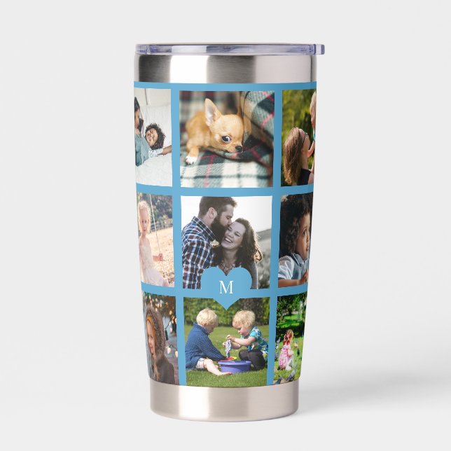 Monogram personalized modern multi photo collage insulated tumbler (Left)