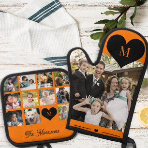 Monogram personalized modern multi photo collage oven mitt & pot holder set