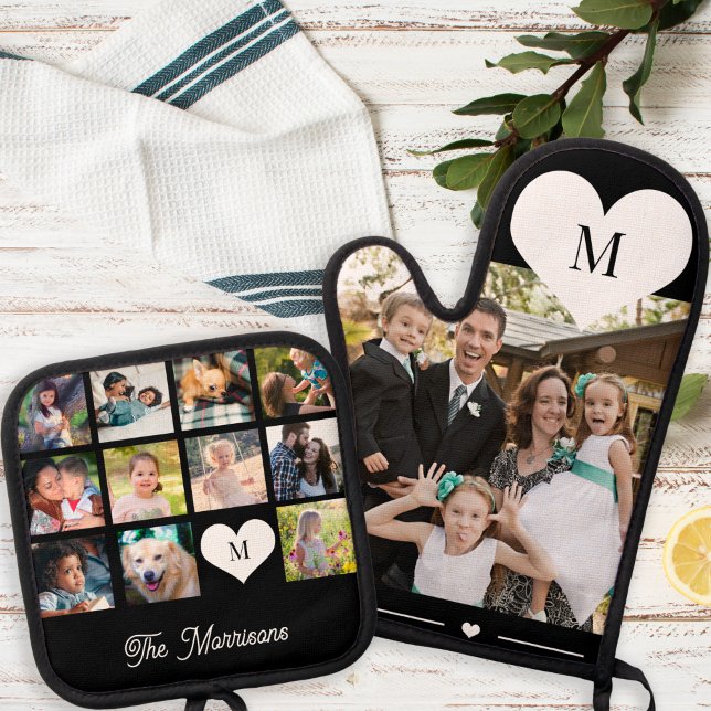 Monogram personalized modern multi photo collage oven mitt & pot holder set (Creator Uploaded)