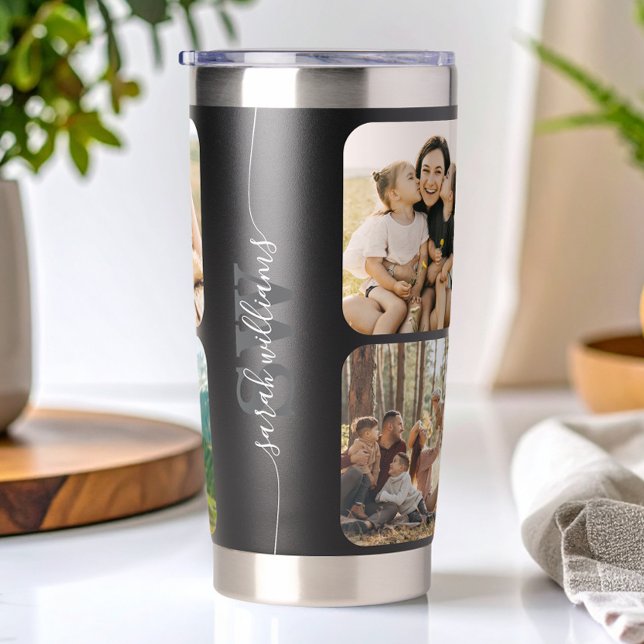 Monogram Personalized Name 6 Photo Collage Insulated Tumbler (Creator Uploaded)